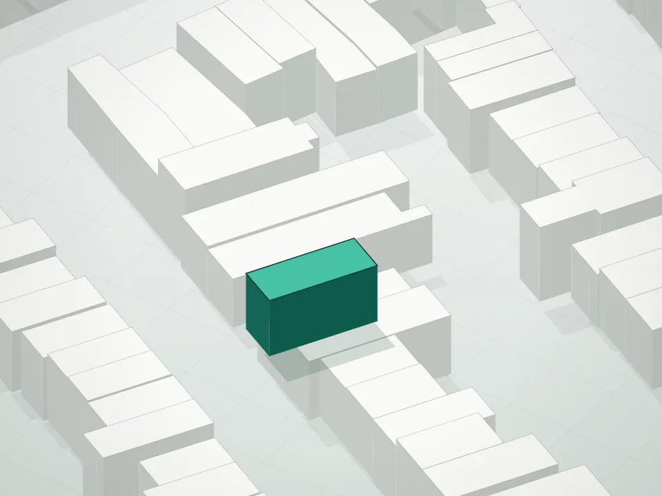 3D massing drawing of 301 Degraw Condominium and neighboring buildings