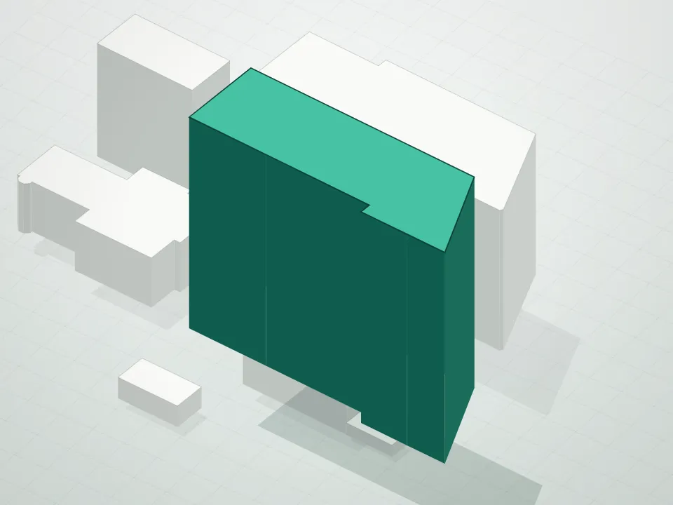 3D massing drawing of Olympia Dumbo Condominium and neighboring buildings