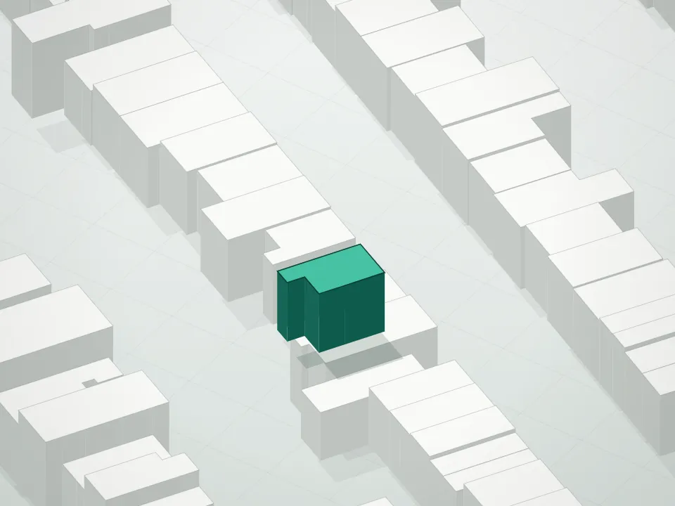 3D massing drawing of 40 Douglass Street Condominium and neighboring buildings