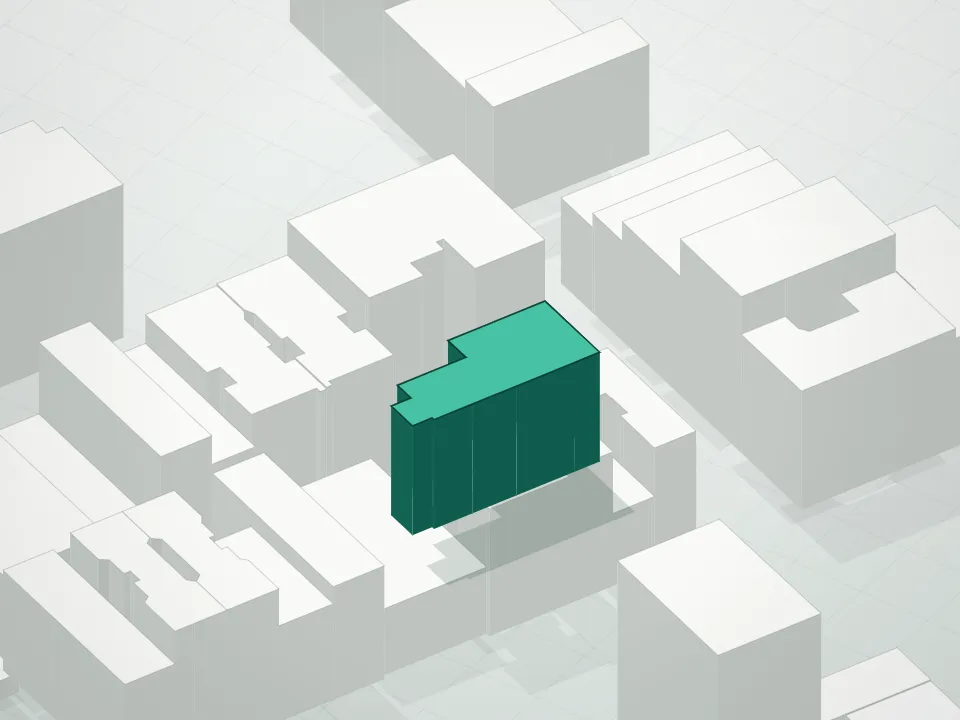 3D massing drawing of 61 Rivington Condominium and neighboring buildings