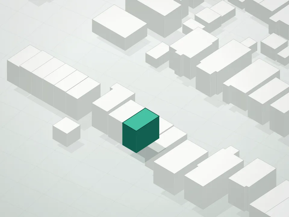 3D massing drawing of Nusun Tower and neighboring buildings