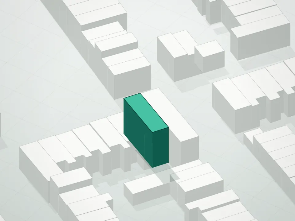 3D massing drawing of 349 Hoyt Street Condominium and neighboring buildings