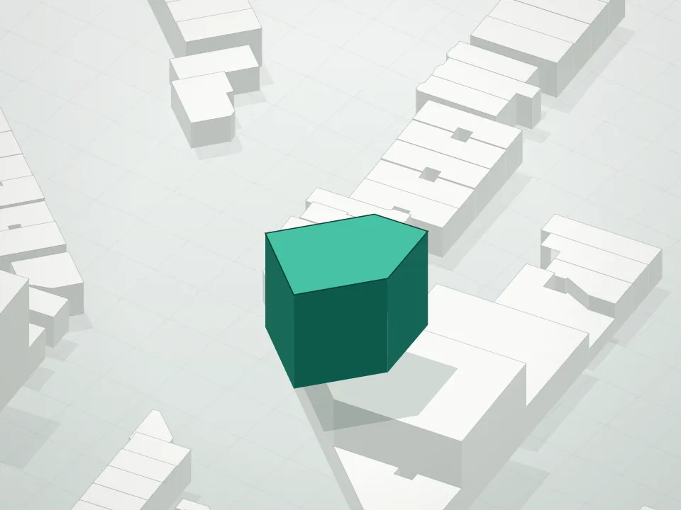3D massing drawing of Mapleton I Condominium and neighboring buildings