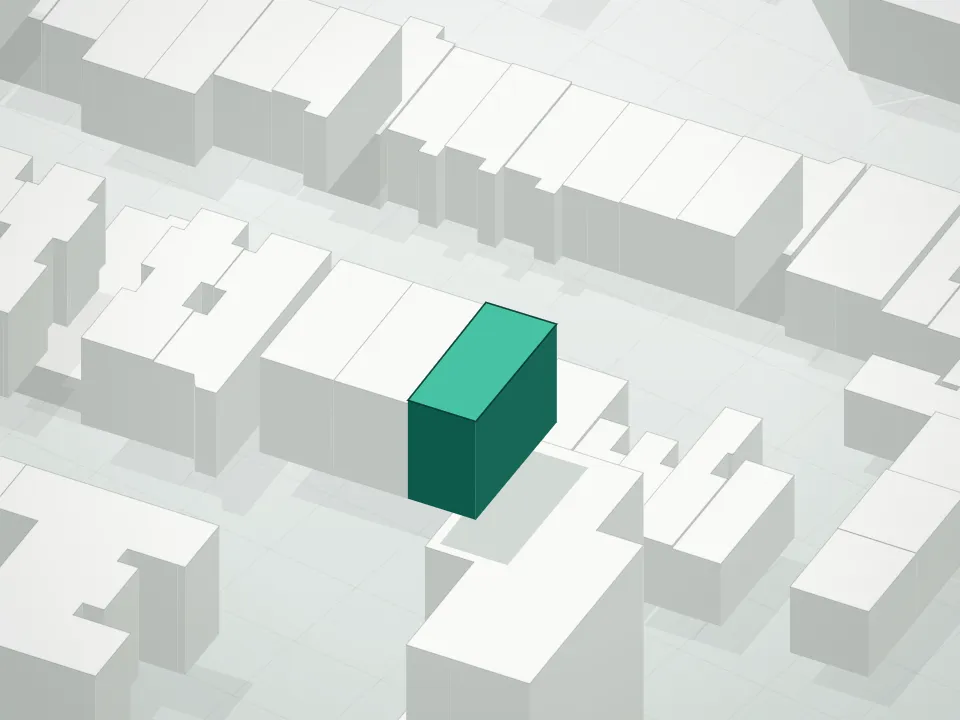 3D massing drawing of 389 Sumpter Street Condominium and neighboring buildings