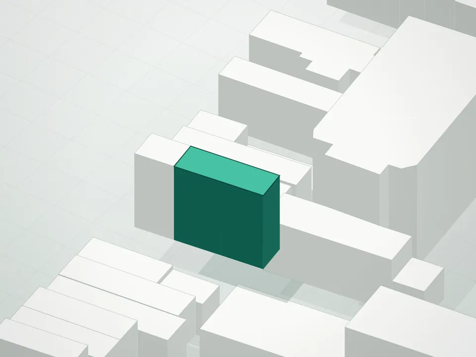 3D massing drawing of Johnson Condominium and neighboring buildings