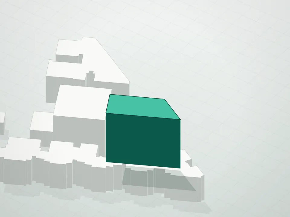 3D massing drawing of Kew Gardens Tower and neighboring buildings