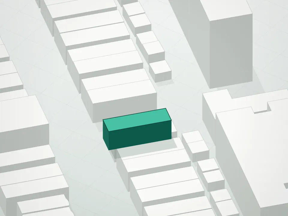 3D massing drawing of 955 Residences A/K/A 955 50th Street and neighboring buildings