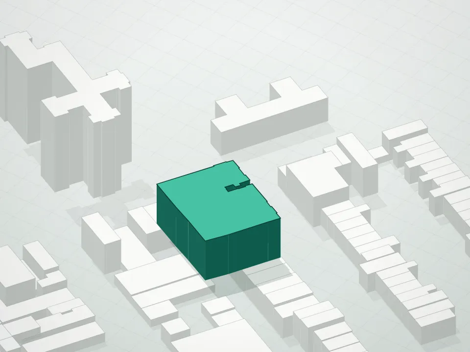 3D massing drawing of 450 Warren Condominium and neighboring buildings