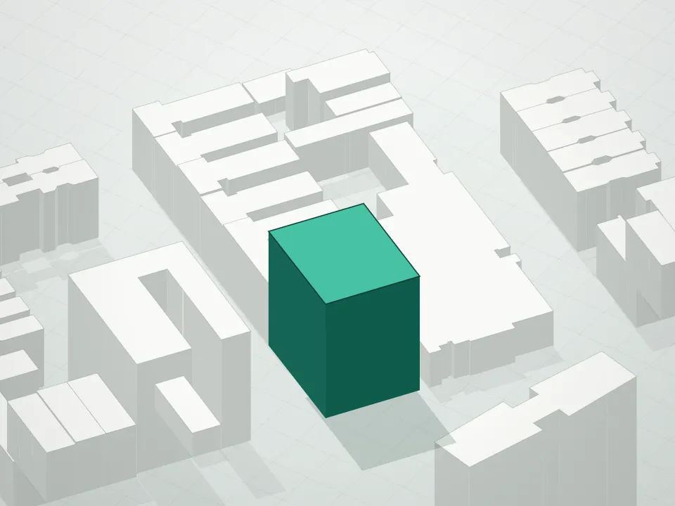 3D massing drawing of Huxley Condominium and neighboring buildings