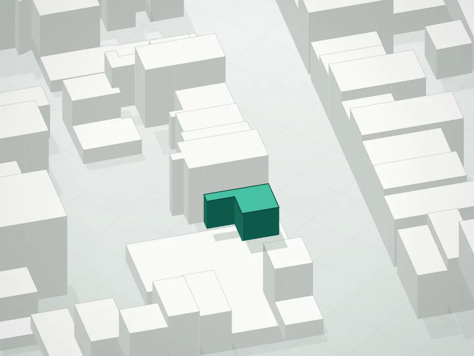 3D massing drawing of 224 North 6th Street Condominium and neighboring buildings