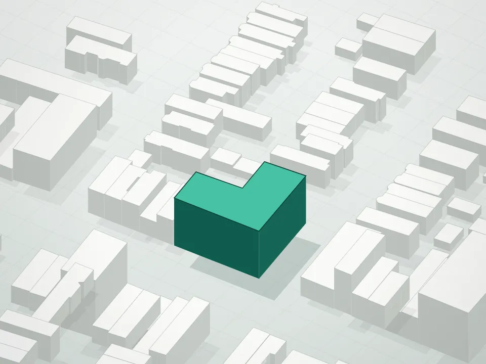 3D massing drawing of Polaris Condominium and neighboring buildings