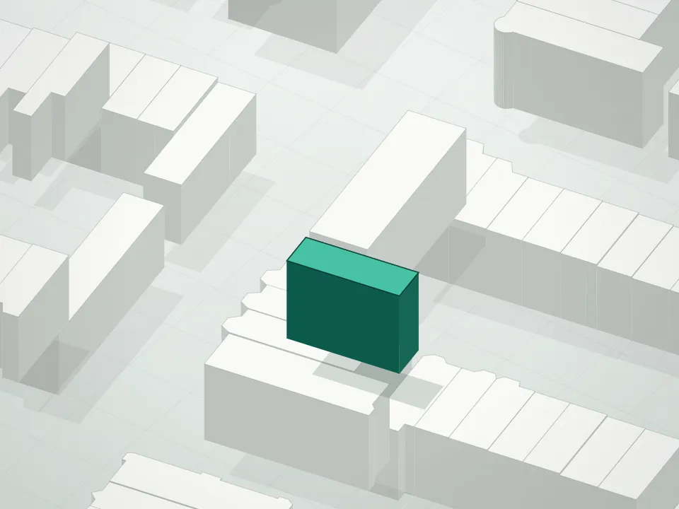 3D massing drawing of 533 Throop Avenue Condominium and neighboring buildings