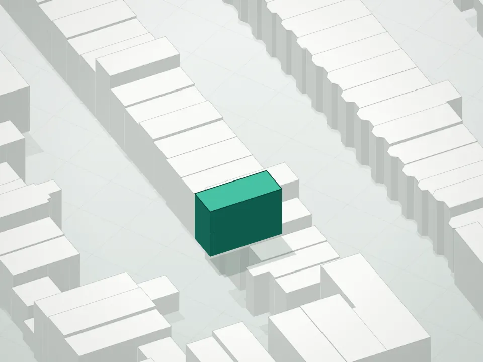 3D massing drawing of 708 Degraw Street Condominium and neighboring buildings