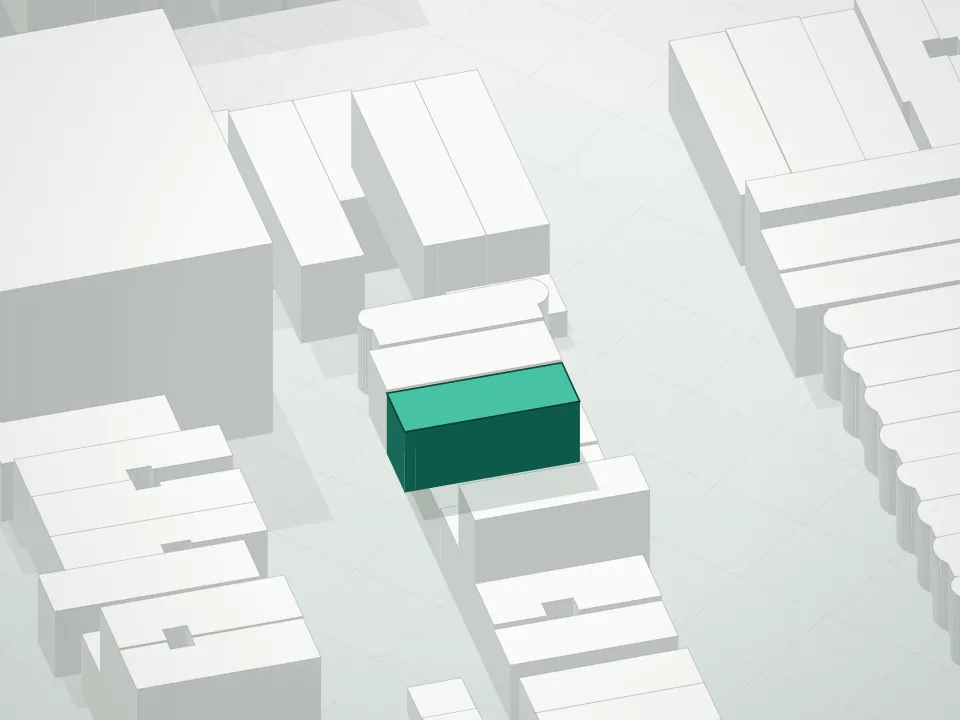 3D massing drawing of 818 Professionals Plaza Condominium and neighboring buildings