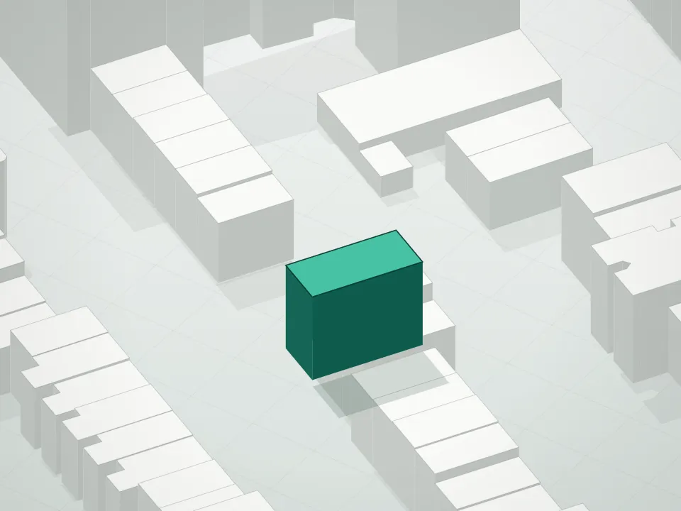 3D massing drawing of 625 Warren Street Condominium and neighboring buildings