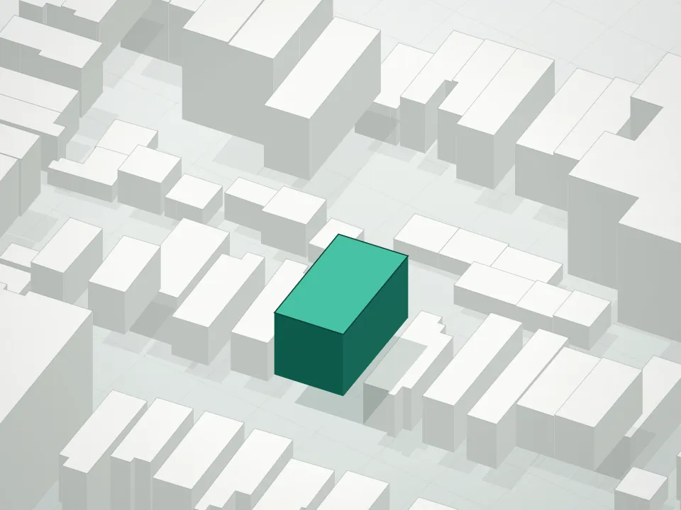 3D massing drawing of 74-25 Condominium and neighboring buildings