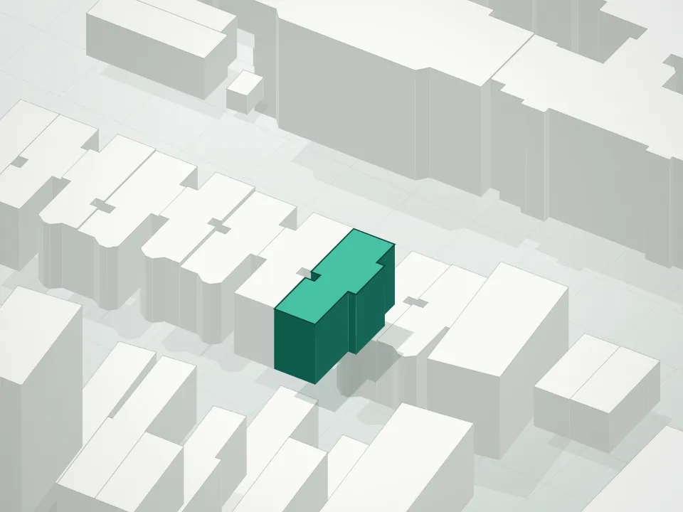 3D massing drawing of 54 Martense Street Condominium and neighboring buildings