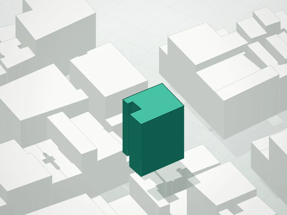 3D massing drawing of Grand Mulberry and neighboring buildings