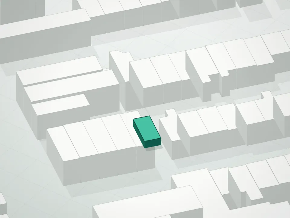3D massing drawing of 483 Hart Street Condominium and neighboring buildings