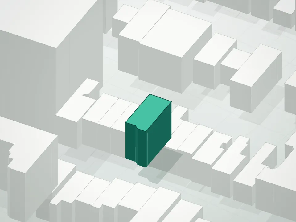 3D massing drawing of 81 India Street Condominium and neighboring buildings