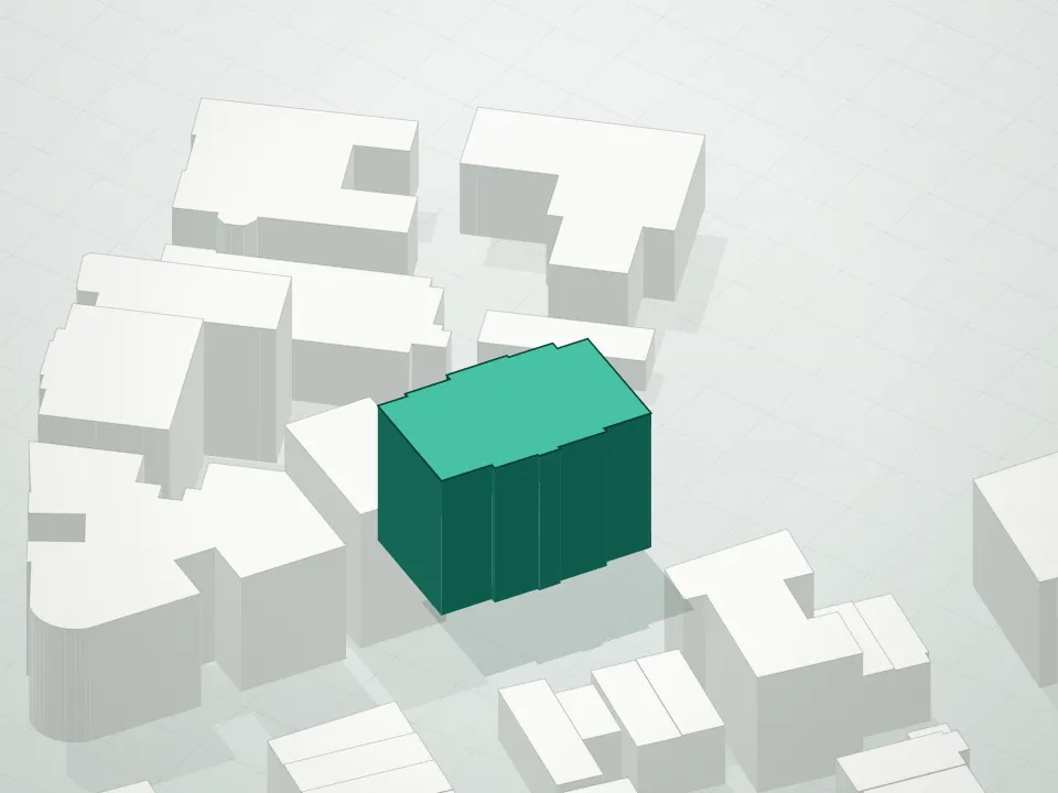 3D massing drawing of Narrows Condominium and neighboring buildings