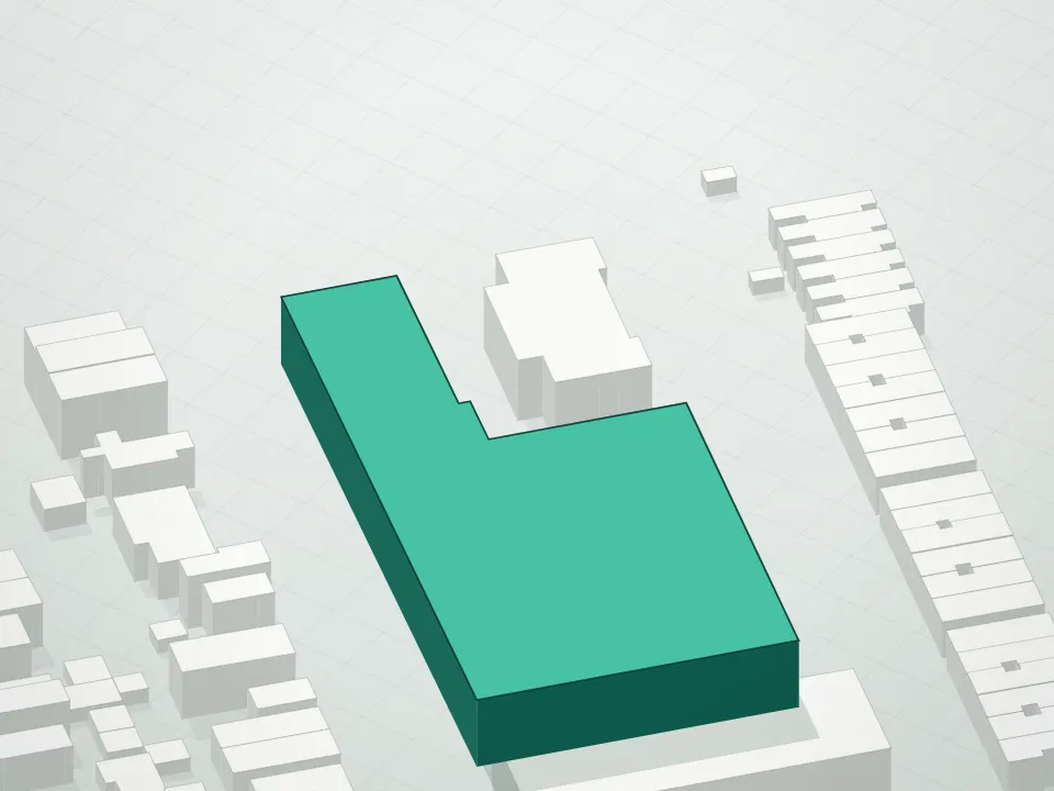 3D massing drawing of Dyker Gardens Condominium and neighboring buildings
