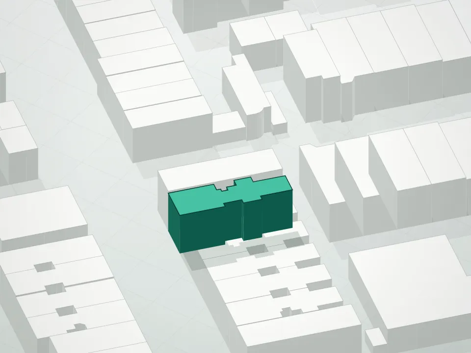 3D massing drawing of 627 Wilson Avenue Condominium and neighboring buildings