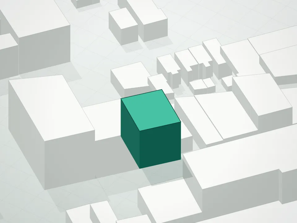 3D massing drawing of Novo I Lic A/K/A Moderna I Condominium and neighboring buildings