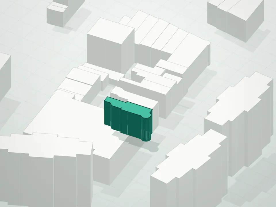 3D massing drawing of 186 Clinton Avenue Condominium and neighboring buildings