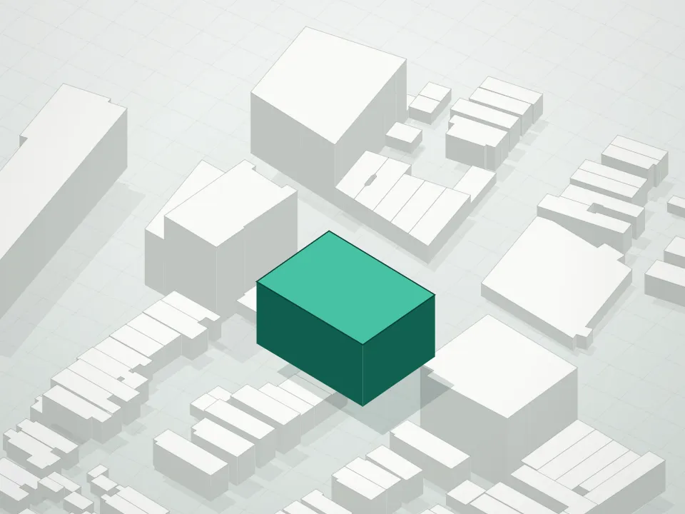 3D massing drawing of Kings Place Condominium and neighboring buildings