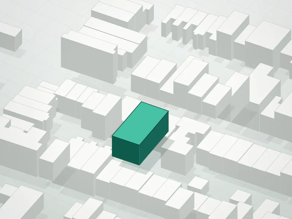 3D massing drawing of 186 Huron Street Condominium and neighboring buildings