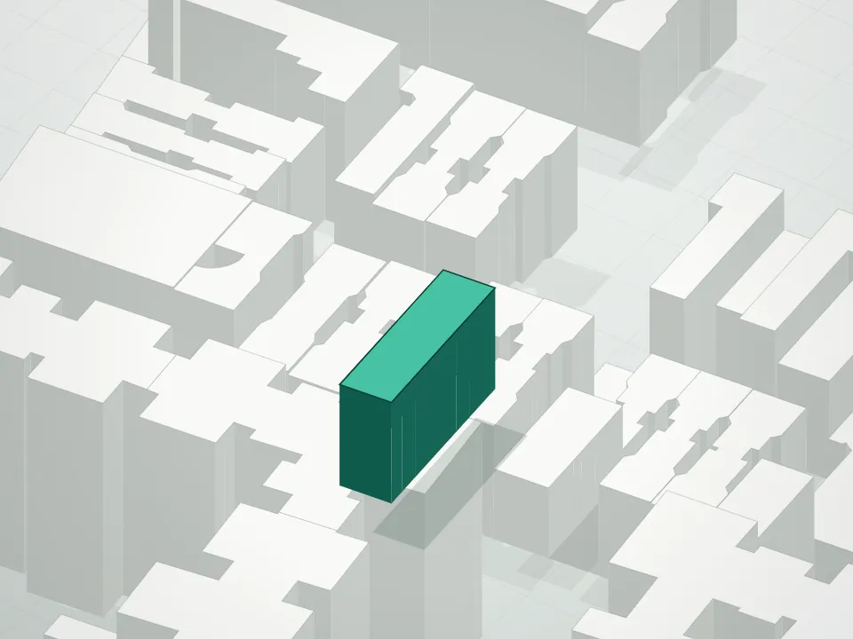 3D massing drawing of Excel Condominium and neighboring buildings