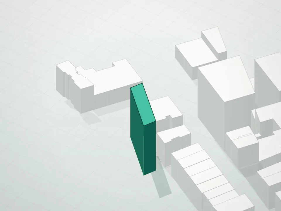 3D massing drawing of Treetop Condominium and neighboring buildings