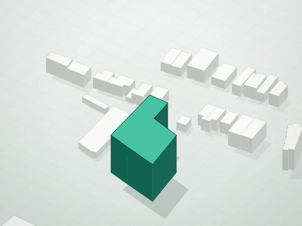 3D massing drawing of Queens Garden Condominium and neighboring buildings