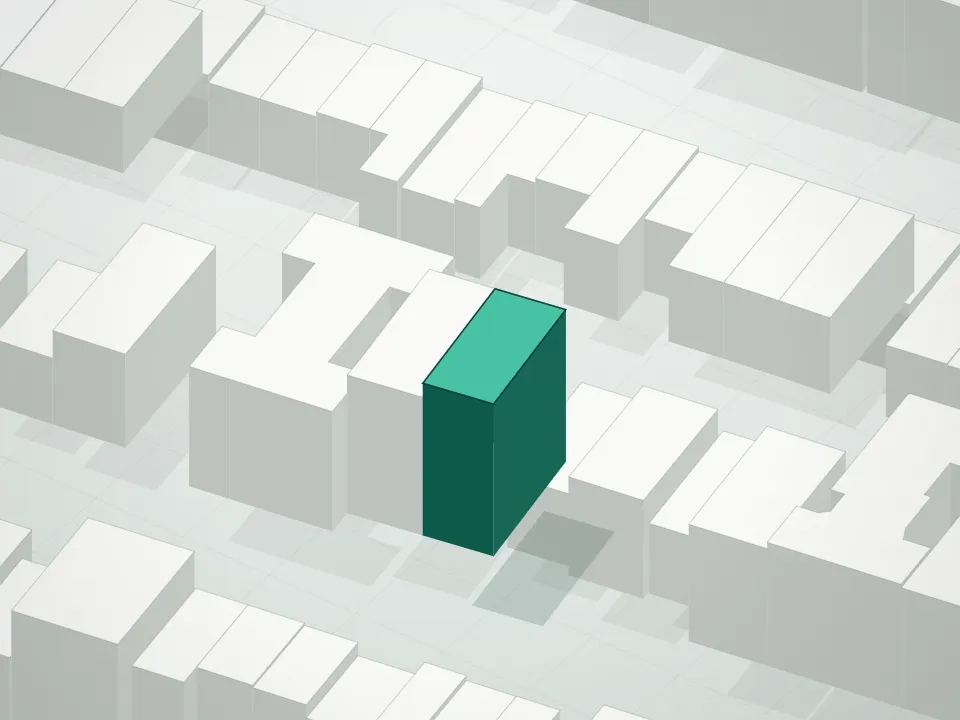 3D massing drawing of Residence At 735 Condominium and neighboring buildings