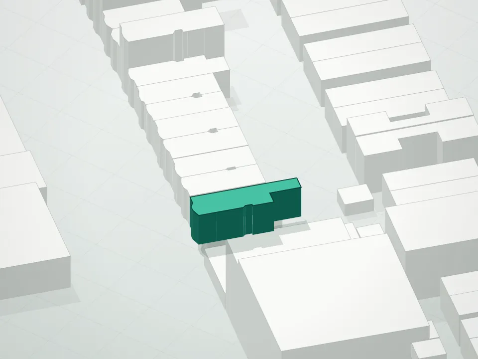 3D massing drawing of 933 Condominium and neighboring buildings