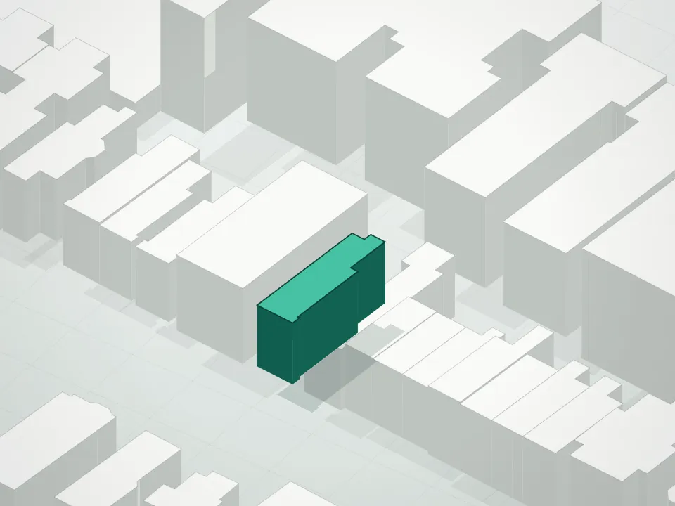 3D massing drawing of 825 Prospect Place Condominium and neighboring buildings