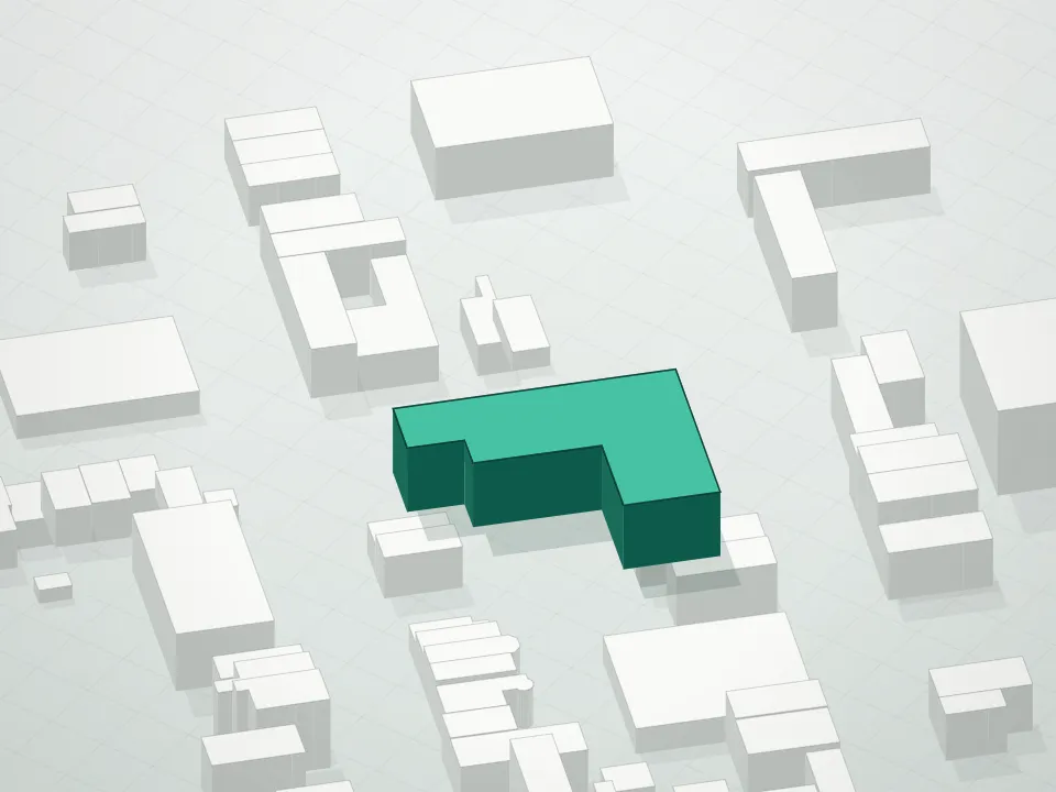 3D massing drawing of 199 Conover Street Condominium and neighboring buildings