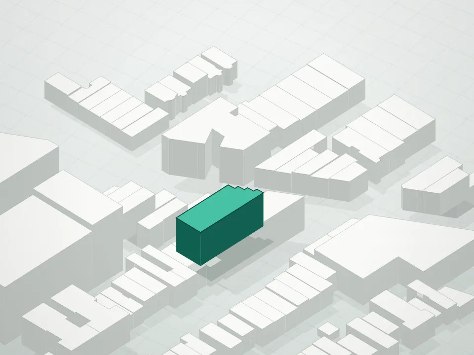 3D massing drawing of Sunlight Terrace Condominium and neighboring buildings