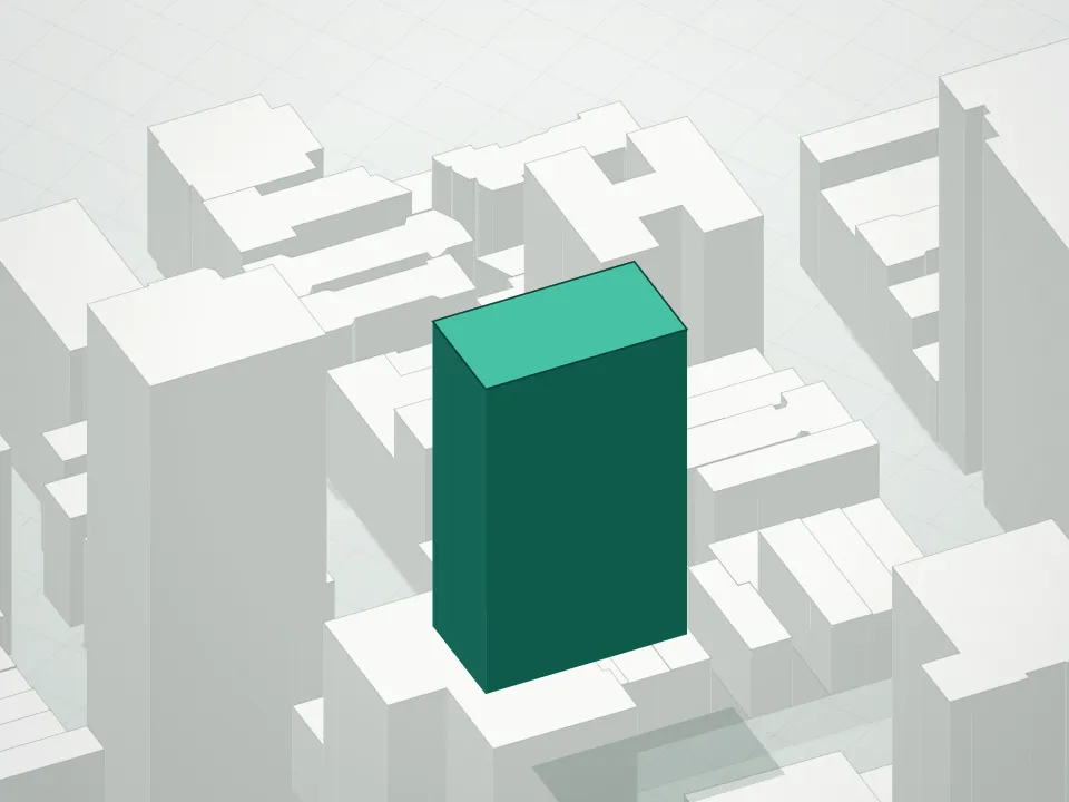 3D massing drawing of 249 E 50th Street Condominium and neighboring buildings