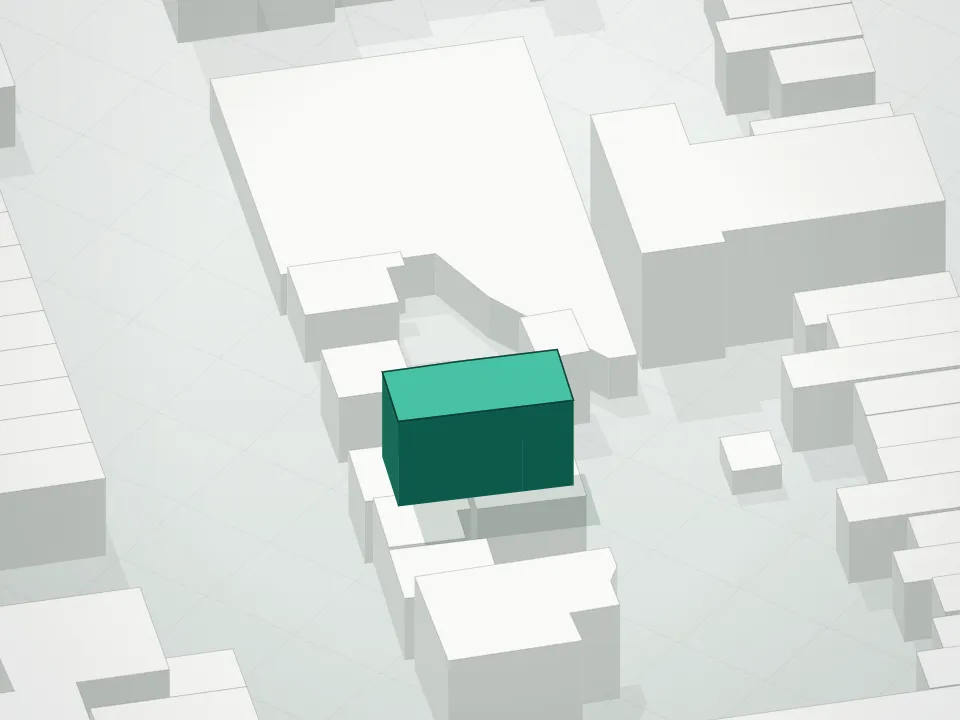 3D massing drawing of 108 King St Condominium and neighboring buildings