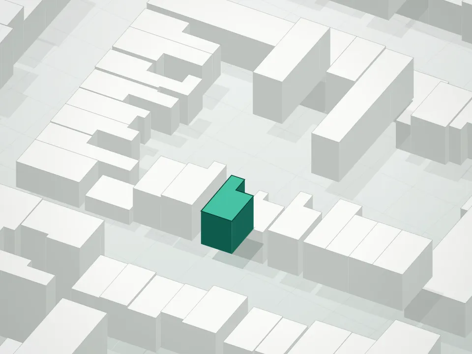 3D massing drawing of Cleopatra At 99 Condominium and neighboring buildings