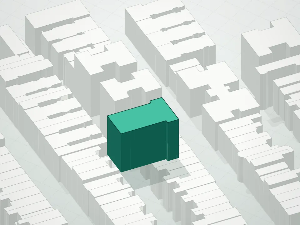 3D massing drawing of 140 West 81st Street Condominium and neighboring buildings