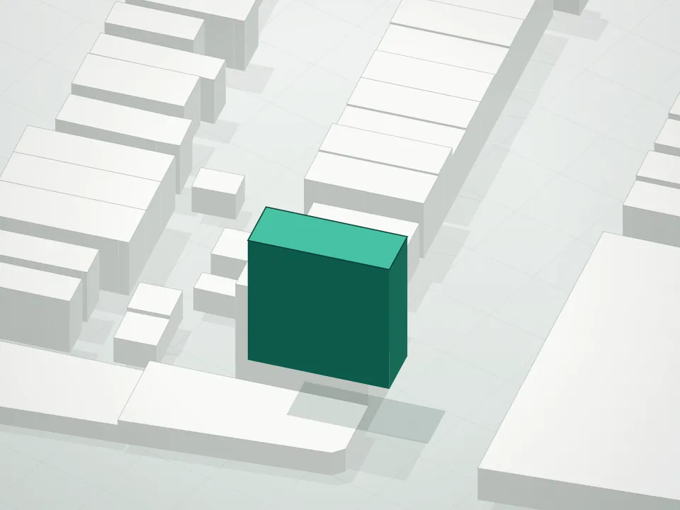 3D massing drawing of 97 Place Condominium and neighboring buildings