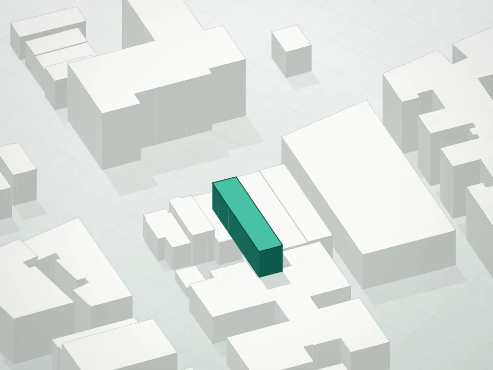 3D massing drawing of Astoria Proper Condominium and neighboring buildings