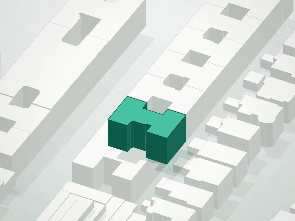 3D massing drawing of 45 Argyle Road Condominium and neighboring buildings