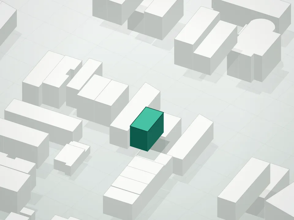 3D massing drawing of Rose Condominium Aka Rose At Great Neck Condominium and neighboring buildings