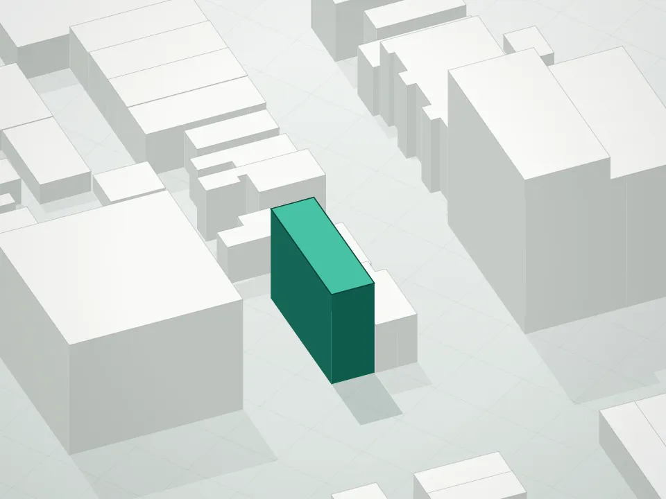 3D massing drawing of Amity 28 Condominium and neighboring buildings