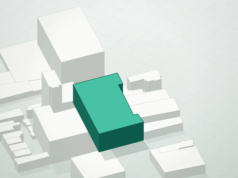 3D massing drawing of Meridian Towers Condominium and neighboring buildings