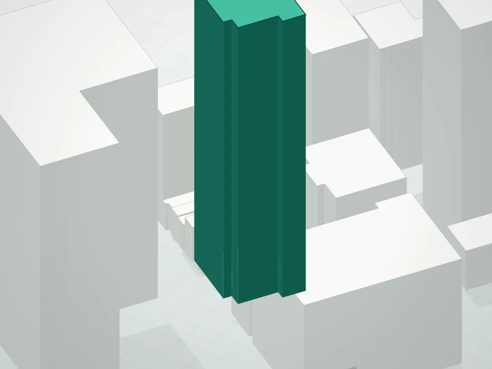 3D massing drawing of 135 East 47th Street Condominium A/K/A Monogram Et Al. and neighboring buildings